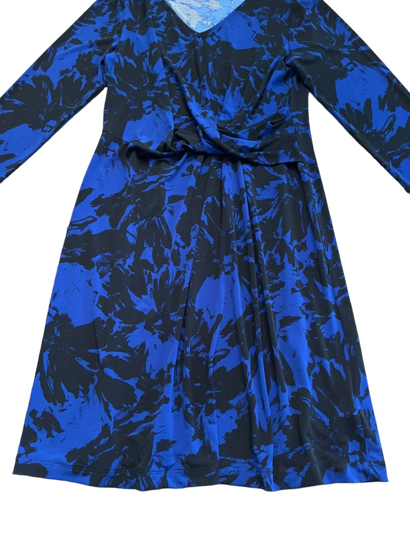 XS Susan Graver Blue Black Liquid Knit Faux Wrap Dress Black Blue