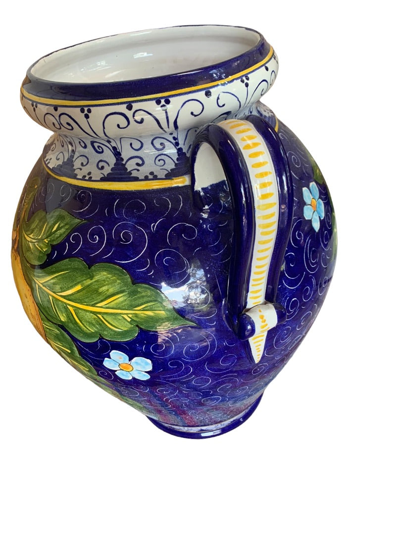 Large 24.5"h Double Handle Vase Lemons Blue Made in Italy Italian Pottery Urn