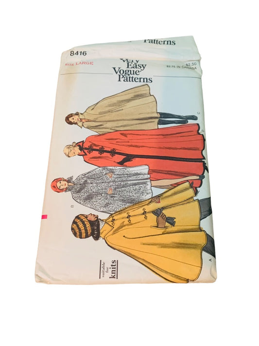 Size Large Very Easy Vogue Patterns 8416 Uncut Vintage 1970s Misses Cape Suitable for Knits