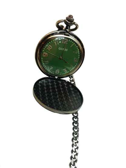 Guess Pocket Watch Working Green Face Leather Case Pewter Color 17" Chain Retro