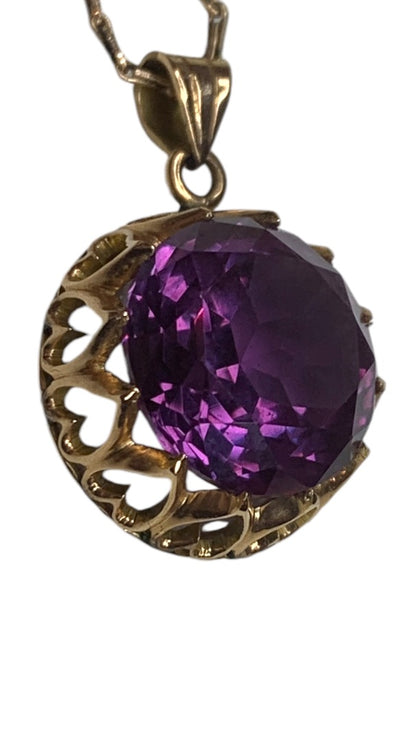 14k Yellow Gold Synthetic Amethyst Pendant Vintage Jewelry Heart Filigree Setting .5"