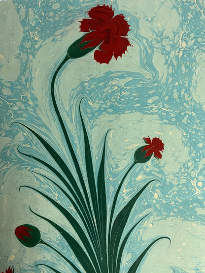 Turkish Art of Marbling Ebru Red Carnation Turquoise Marbled Painting 17.75" x 13.5"