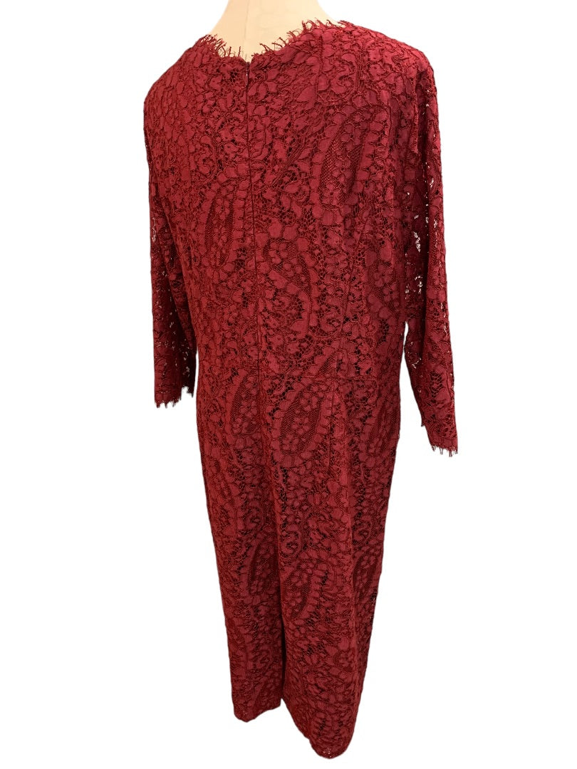 Size 16W Talbots Woman Burgundy Paisley Dress Lined Sheath Long Sleeve