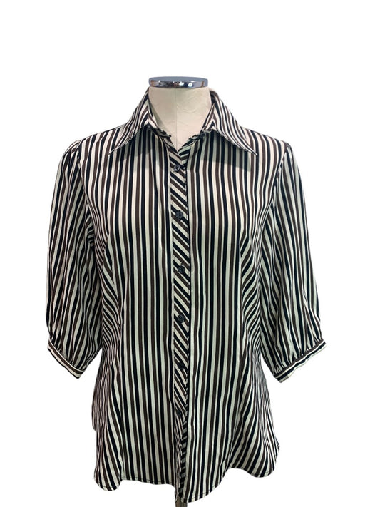 Large Ninety Womens Brown Black Striped Half Sleeve Button Up Blouse