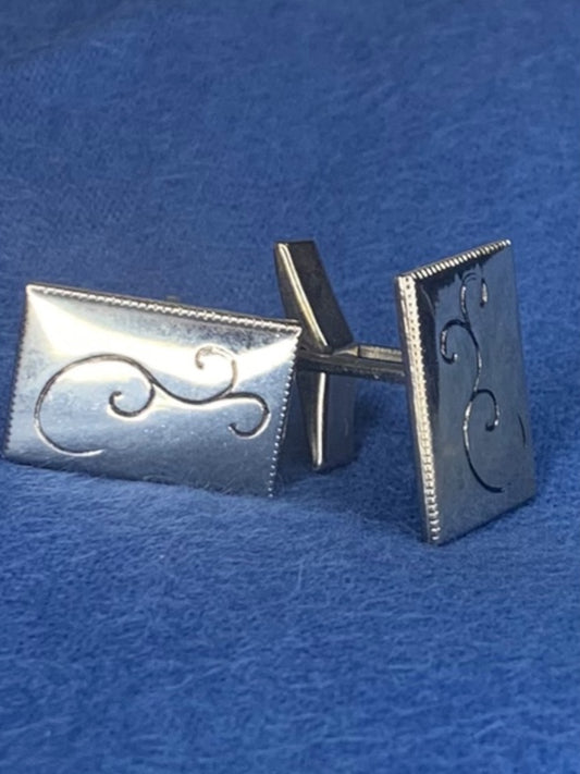 Vintage 1960s Pair Silvertone Cufflinks Swirl Design Bullet Back Rectangular