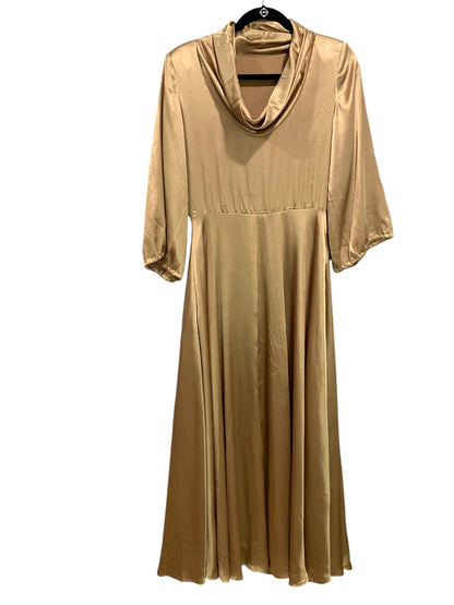 Medium Vintage 1970s Draped Gold Silky Gown Handmade Cowl Neck Dress Flawed