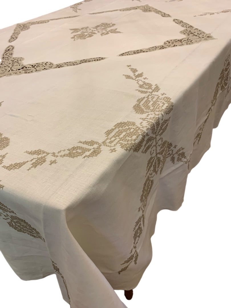 Vintage Tablecloth Embroidered Taupe Floral 66 x 83 Inches Scalloped Edge