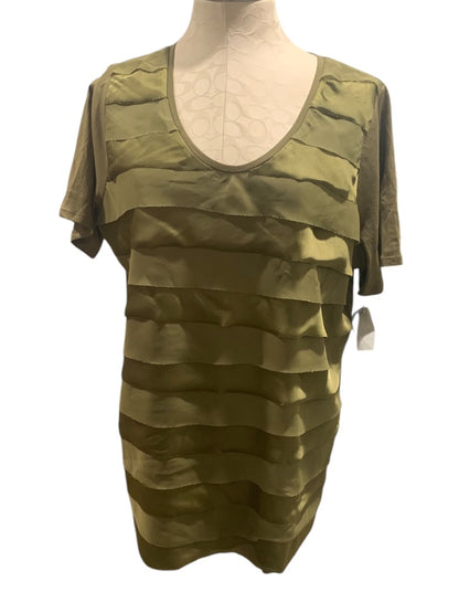 1X Preswick & Moore Womens New Satin Ruffle Front Tshirt Olive Green