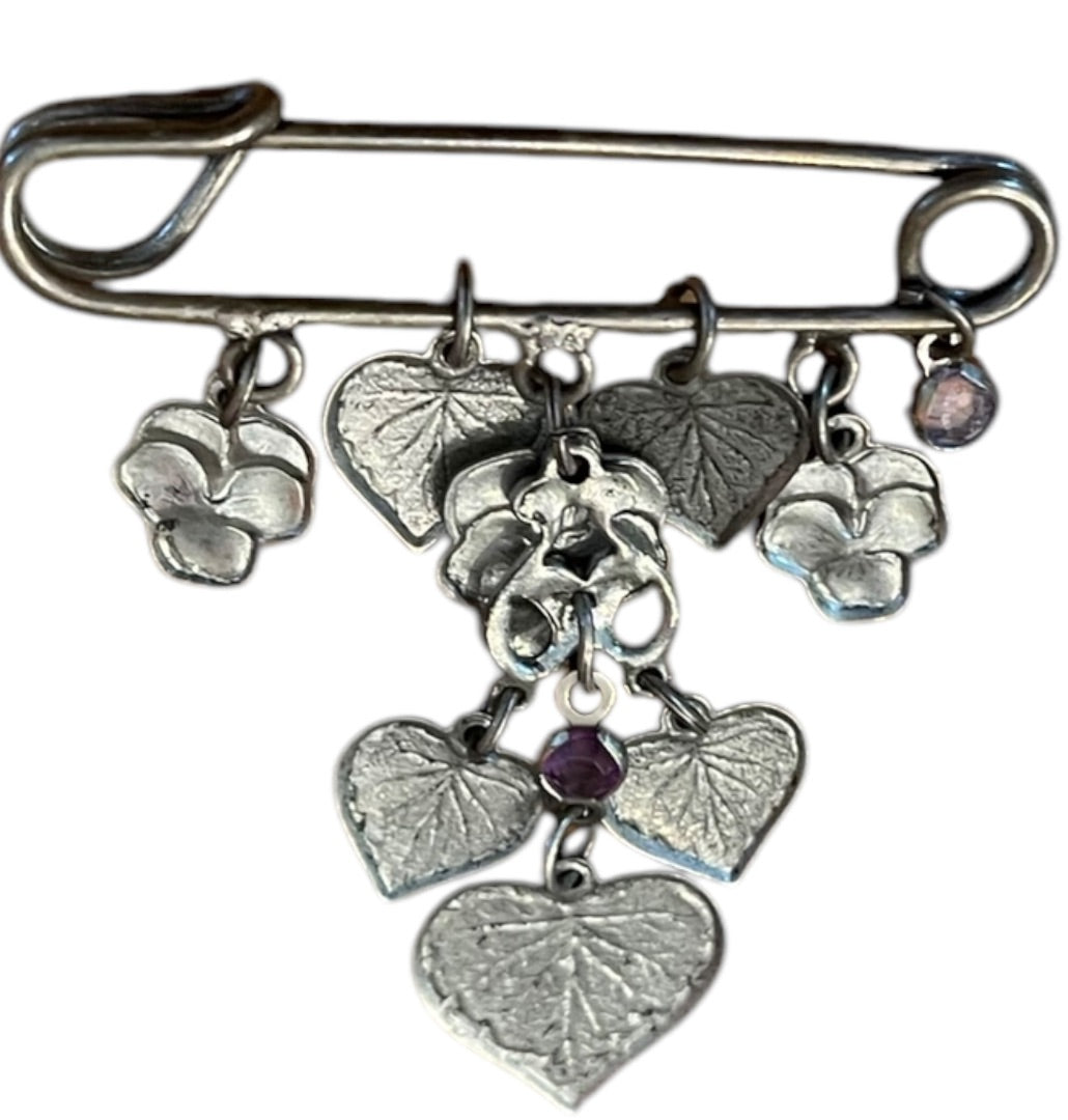 Silvertone Charm Brooch Pin Enameled Flower Hearts Vintage 2 Inches