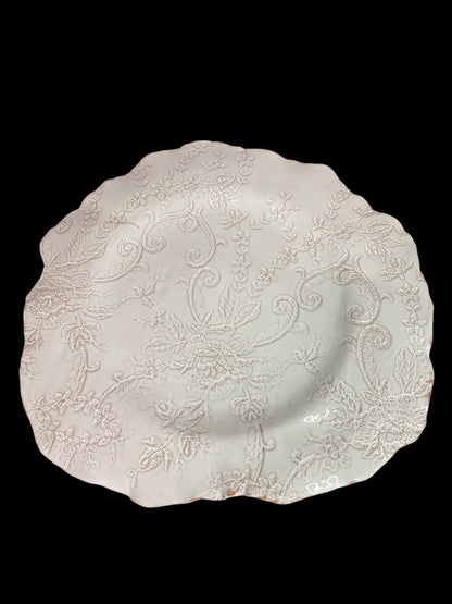 Art Pottery 15 Inch Serving Platter Plate Lace Design Shabby Chic White