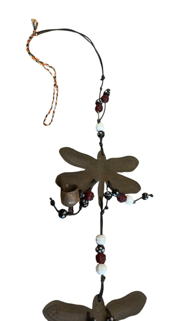 Rustic 30" Metal Dragonfly Bell Glass Beads 4.5 Inch Wingspan