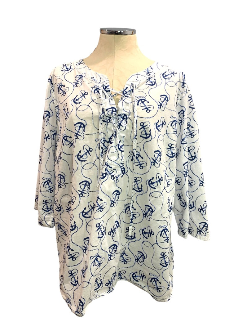 2X Talbots Womens Popover Lightweight Blouse Shirt Anchor Print