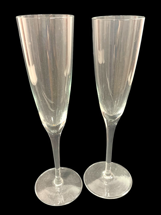 Set of 2 Vintage Clear Glass Champagne Flutes Glasses Pair 9.25 Inches