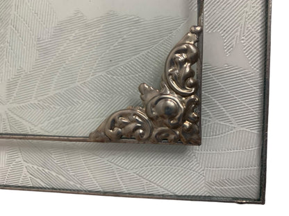 Textured Glass Display Tray Ornate Metal Trim Vanity 10x8 Inches