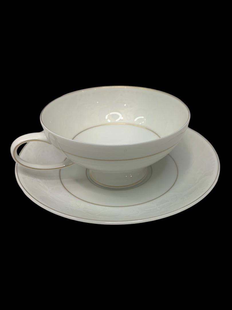 Rosenthal Germany White Velvet Footed Teacup and Saucer Gold Trim