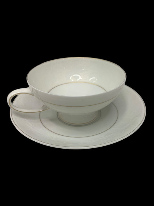 Rosenthal Germany White Velvet Footed Teacup and Saucer Gold Trim