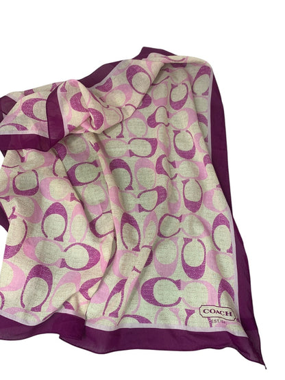 Coach Signature Purple Logo Silk Cotton Blend Scarf 26 Inch Square CA22608