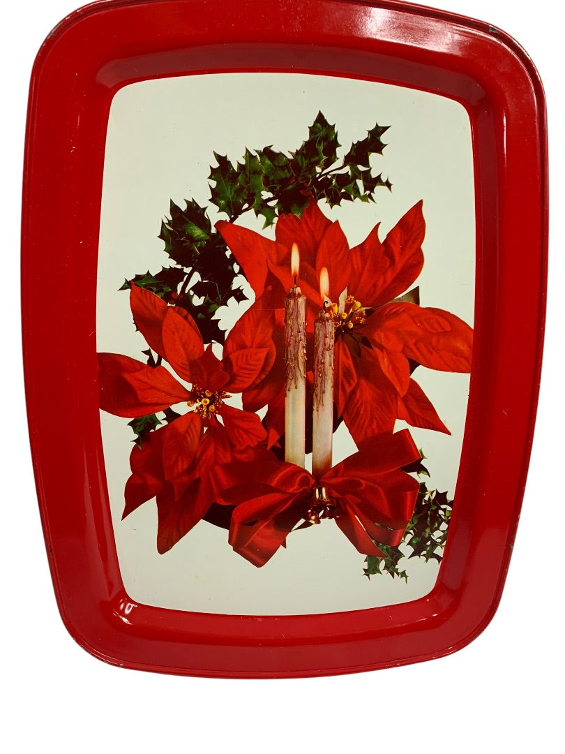 Vintage Holiday Christmas Metal Serving Tray 15 x 11 Inch Poinsettia Candle