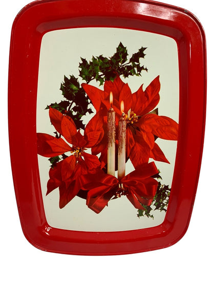Vintage Holiday Christmas Metal Serving Tray 15 x 11 Inch Poinsettia Candle
