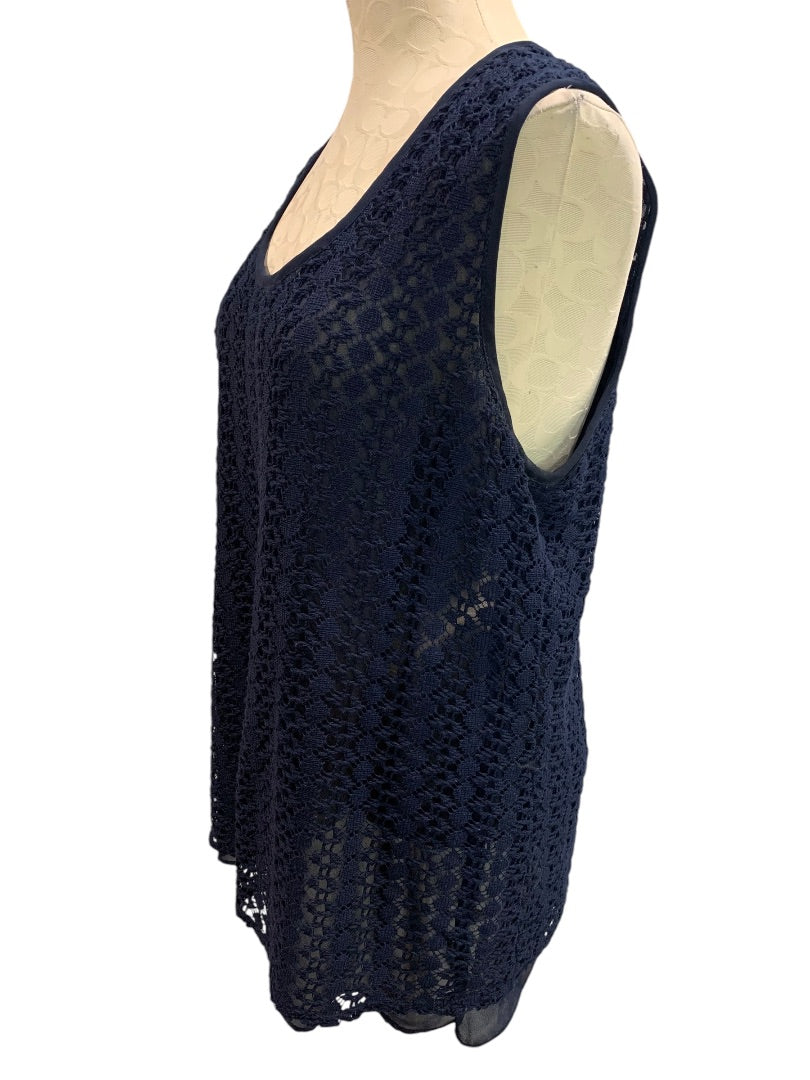 XL Chaus New York Womens Navy Blue Lace Overlay Shirt Sleeveless Tank