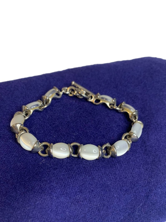 Silvertone and White Stone Bracelet Toggle Clasp 7.5 Inch