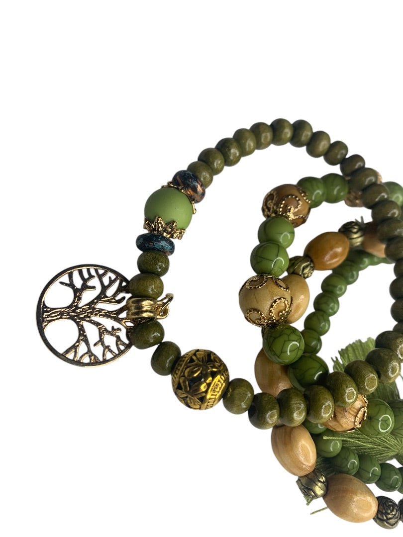 Set of 4 Green Gold Boho Stretch Bracelets Tassel Beaded