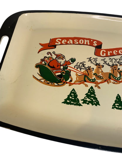 Midcentury Christmas Cookie Tray Handled Santa Seasons Greetings