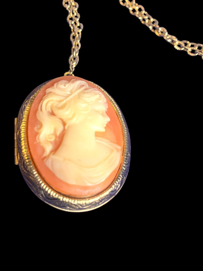 Vintage Cameo Pendant Locket Necklace Goldtone Pink