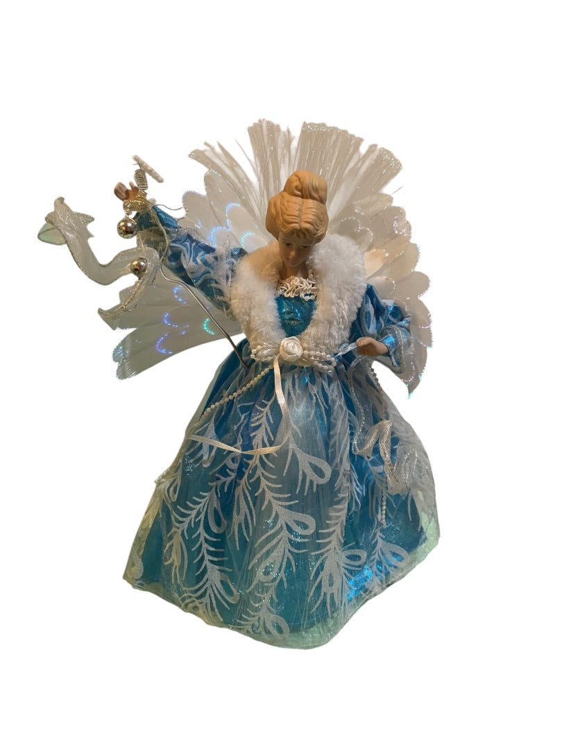 Vintage Fiber Optic Angel Fancy Tree Topper Blue Porcelain Head 14 Inch