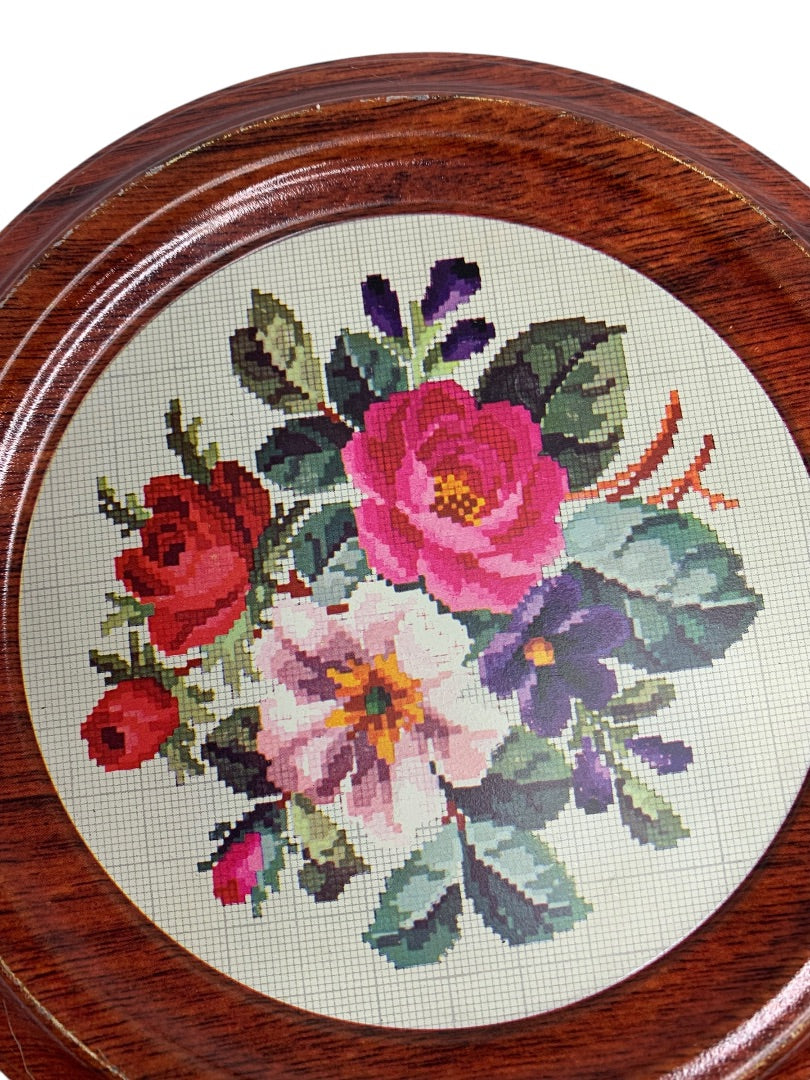 1970s Metal Tin Faux Wood Needlepoint Floral Guildcraft USA