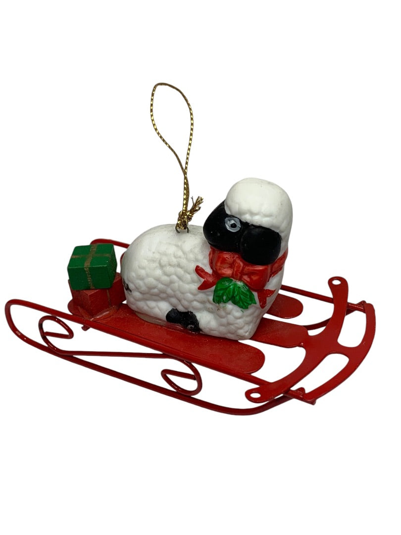 Vintage Ceramic Sheep on Metal Sled Ornament Christmas Holiday