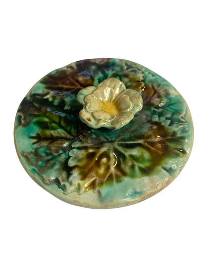 Antique Majolica Flower Leaf Lid 3.2 Inch Diameter Yellow Brown Green