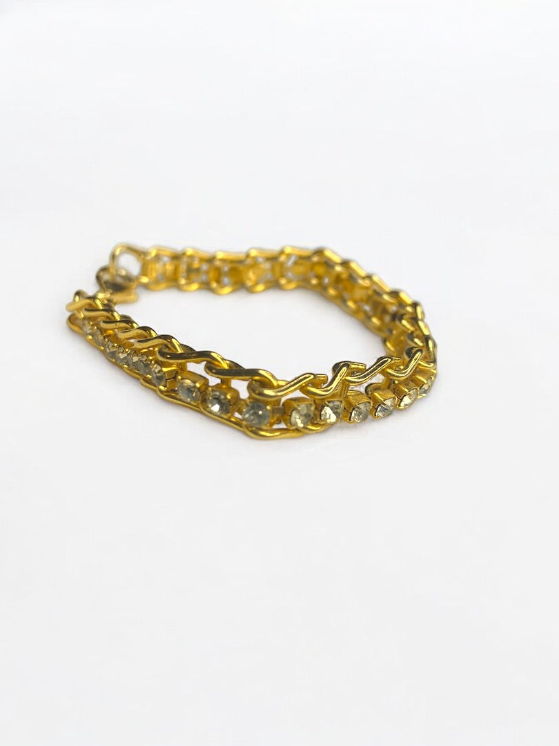 Goldtone Chain Tennis Style Bracelet Clear Stones 7 Inch Lobster Clasp