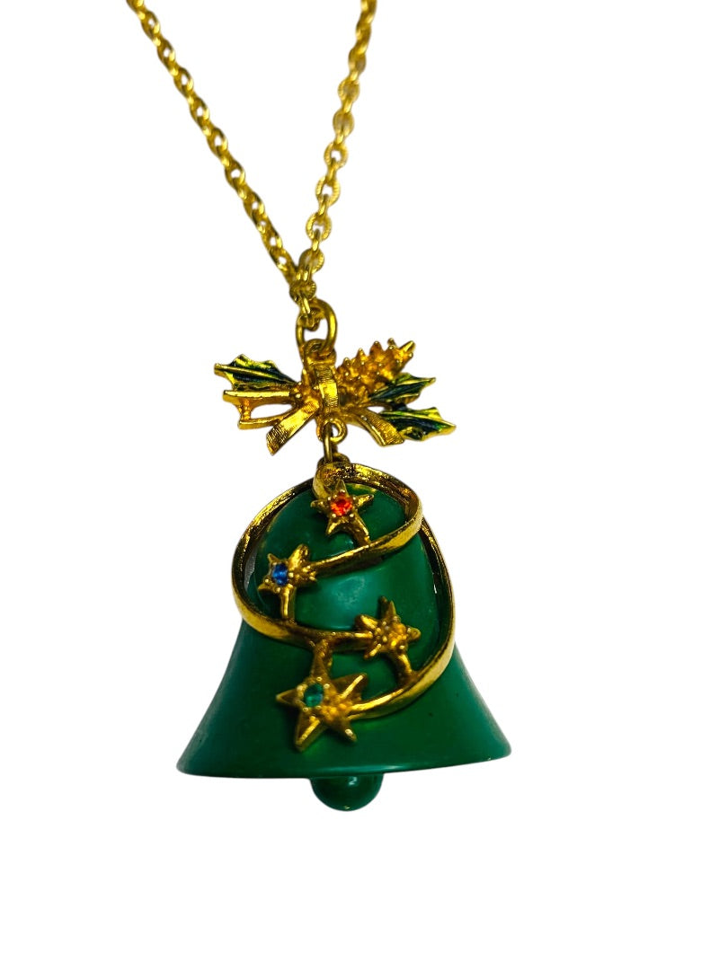 Vintage Holiday Necklace 23 Inch Goldtone Green Bell Pendant Christmas