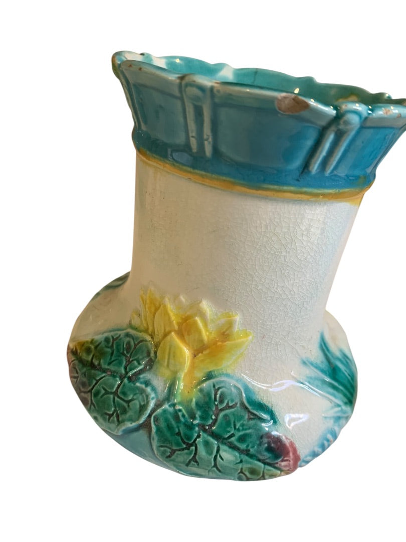 Antique Majolica Lily Pond Pitcher Pottery 5 Inch Vibrant Color