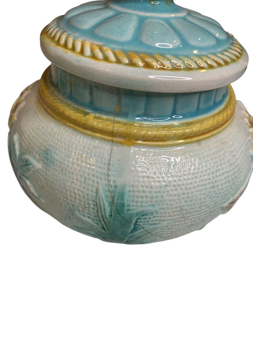 Antique Majolica Lily Pond Lidded Jar Blue Yellow Flower