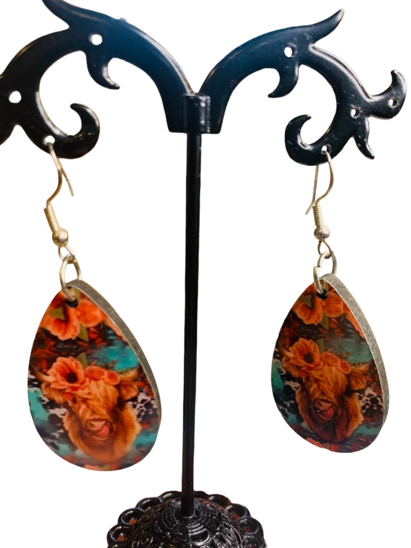 Highland Cow Floral Hook Pierced Earrings Lightweight Double Sided 2.4" Drop