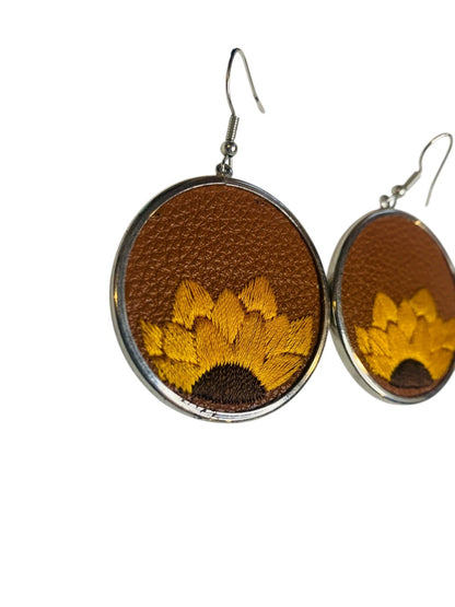 Silvertone Embroidered Faux Leather Sunflower Hook Pierced Earrings