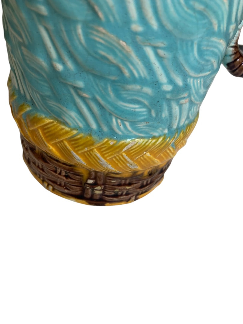 Antique Majolica Basket Weave Cable Pitcher Pottery 7.5 Inch Vibrant