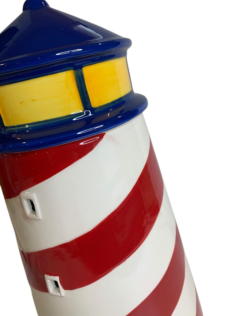 Cheryl's Ceramic Lidded Lighthouse Jar Open Windows 13 Inches Height