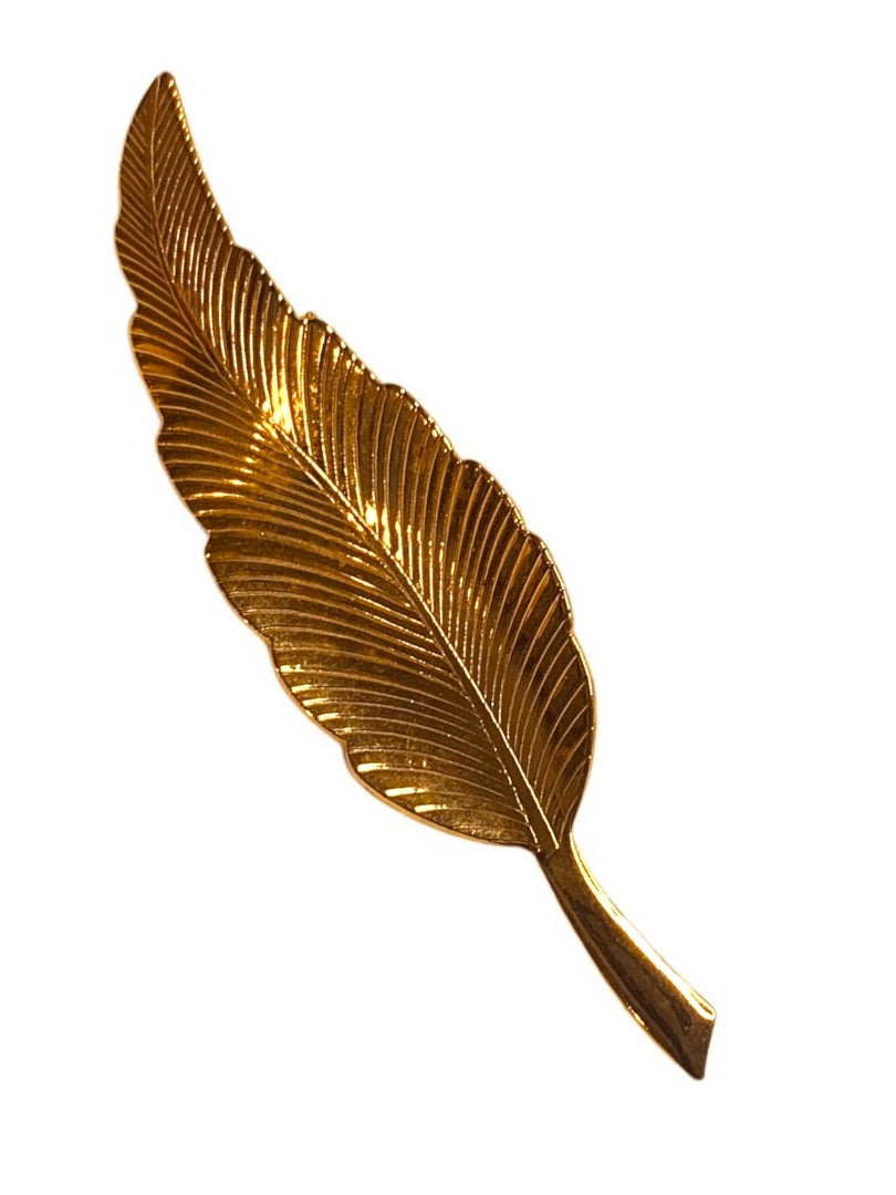 Goldtone Feather Textured Brooch Pin Vintage 2.25 Inch