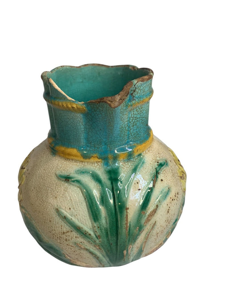 Antique Majolica Water Lily Pond Rope Pitcher Pottery 7 Inch Vibrant