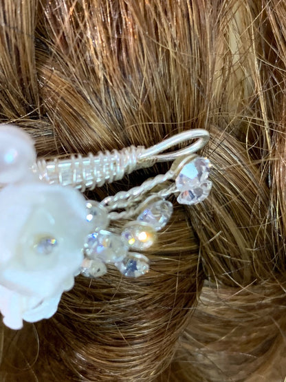 Silvertone and White Floral Girls Headband First Communion Formal Crystal