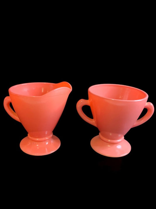 1930s Hazel Atlas Ovide Coral Creamer and Sugar Set Depression Glass
