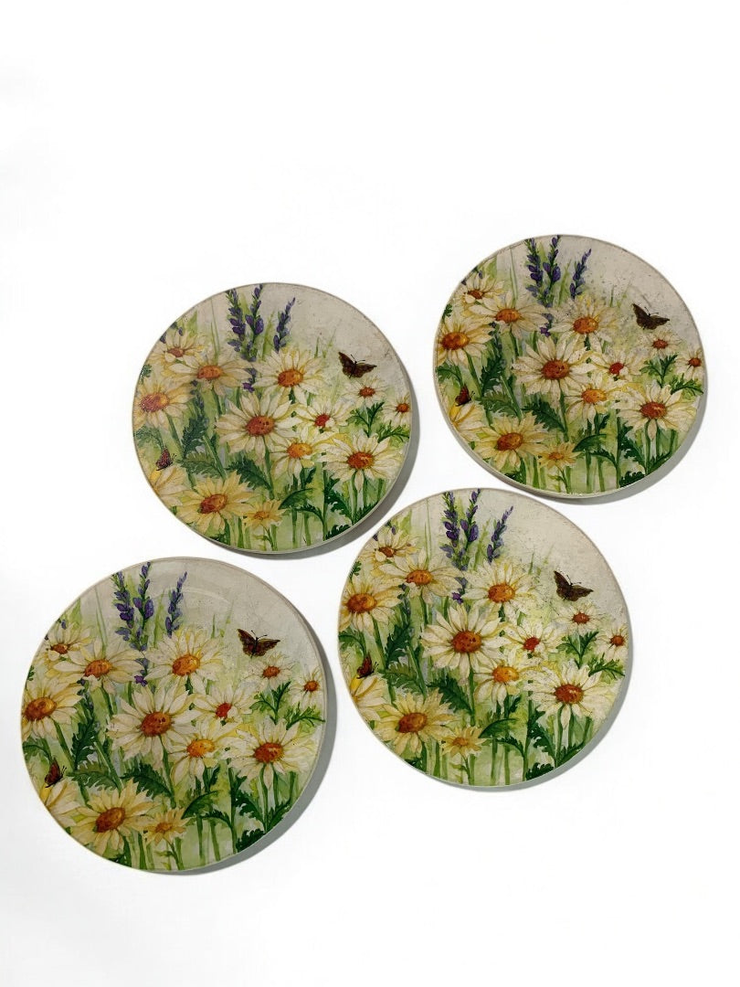 Round Ceramic Drink Coasters Wildflower Butterfly Cork Backed 4"