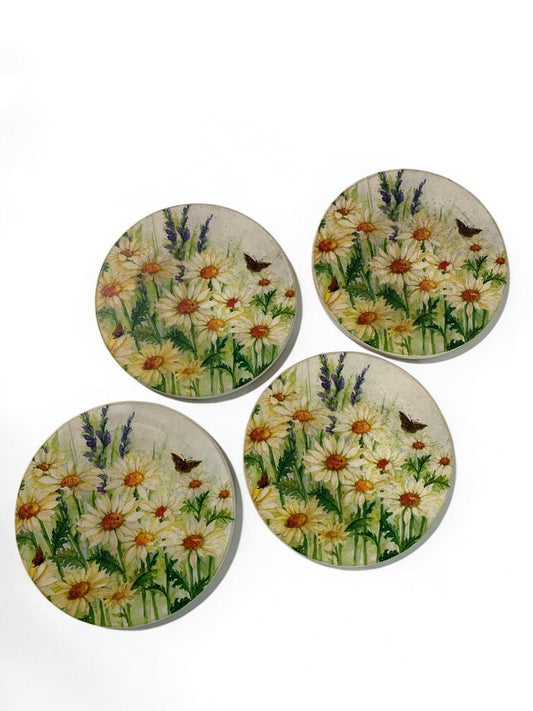 Round Ceramic Drink Coasters Wildflower Butterfly Cork Backed 4"