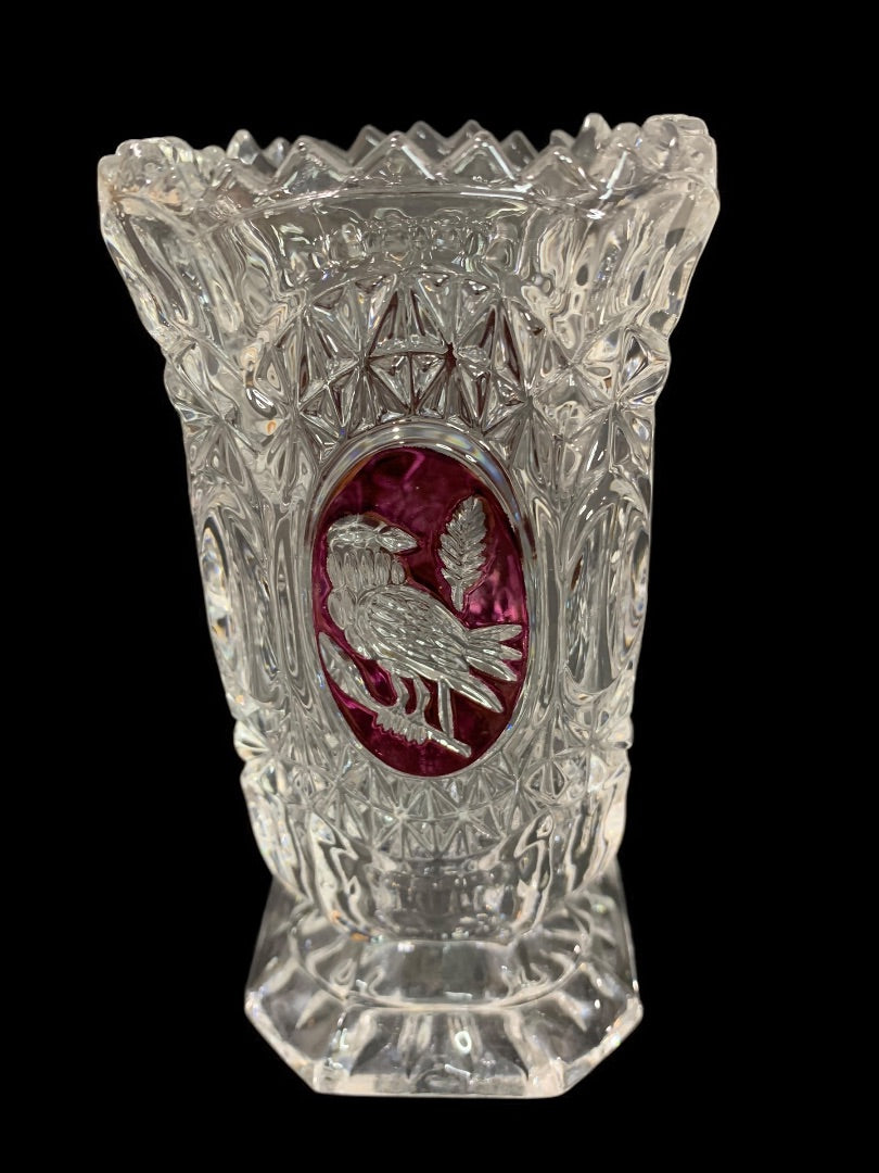 Lead Crystal Pressed Glass Ruby Red Bird Vase 5.75 Inches
