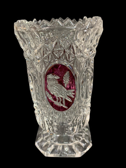 Lead Crystal Pressed Glass Ruby Red Bird Vase 5.75 Inches