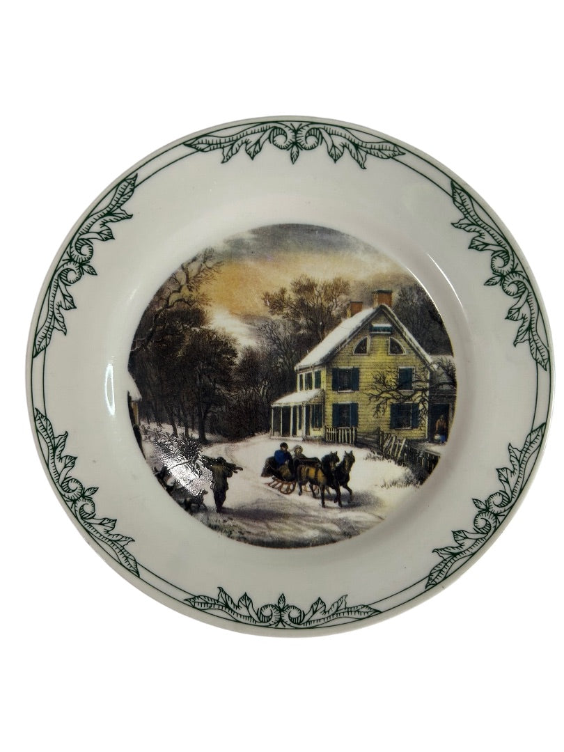 Currier and Ives 2001 Decorative 8 Inch Plate Winter Farm Barn Scene