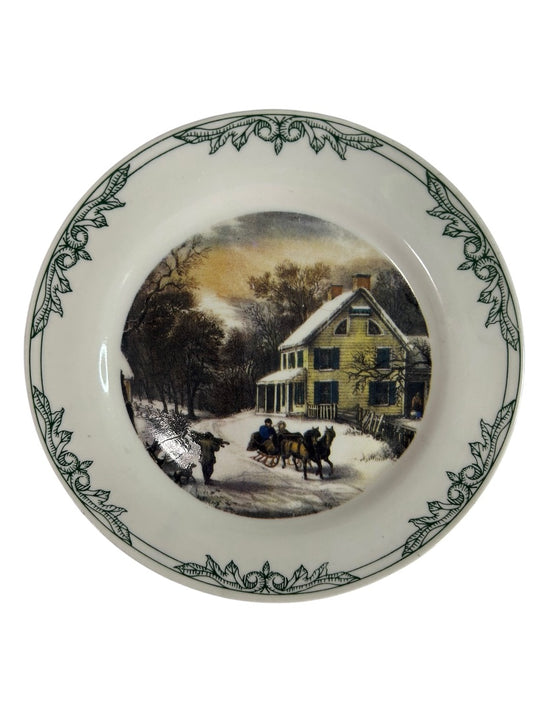 Currier and Ives 2001 Decorative 8 Inch Plate Winter Farm Barn Scene